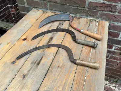 3 Vintage Farm Wood Handle Hay Grain Grass Cutting Sickle tools., View more