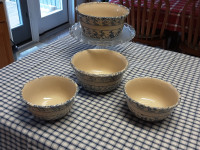 4pc Set '87 Hand Turned Kasco Pottery Blue Spongeware Bowls