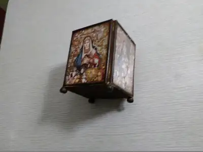 Vtg.Religious candle holder stained glass & metal-good cond., View more