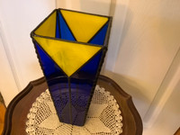 Vintage Yellow and Cobalt Blue Stained Glass Vase