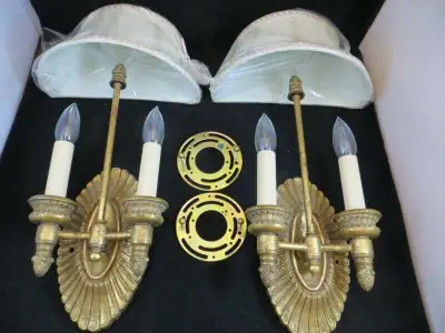 Pair of solid Brass Wall Sconces with Fabric Shades NEW, View more