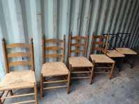Dutch Ladder Back Oak Rush Seat Dining Chairs.  6 Stools