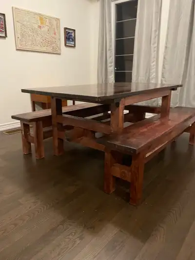 Solid wooden dining table with a matching bench, View more