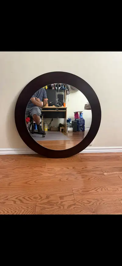 Beautiful Round Mirror with Dark Wood Frame, View more