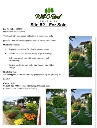 Lot for Sale - $89,000 (Fifth wheel not included) This beautifully landscaped lot backs onto green s...