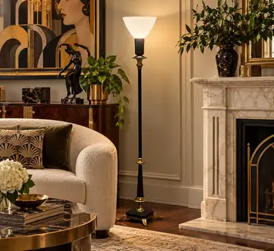 DELIVERY- Vintage Art Deco Torchiere Floor Lamp – Black & Brass, View more