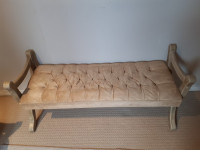 VTG Arm-Bench- Tufted Beige Velvet Seat, Solid Wood, Antique Fin