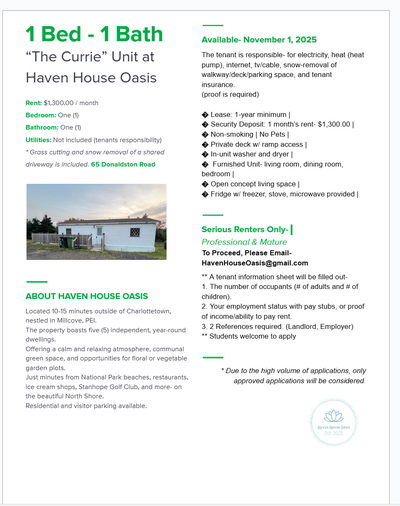 1 Bed - 1 Bath “The Currie” Unit at Haven House Oasis Rent: $1,300.00 / month Bedroom: One (1) Bathr...