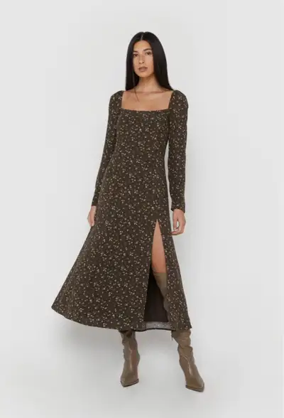 Oak + Fort Olive floral sqaure neck maxi dress, View more