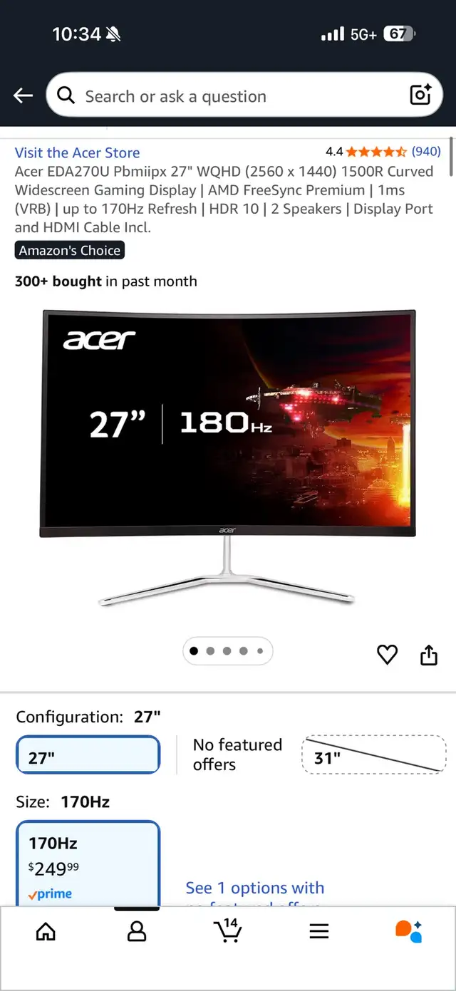Acer EDA270U Pbmiipx 27" WQHD 1500R Curved Widescree in Monitors in Brantford - Image 4
