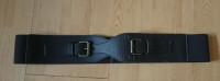 Vintage Wide Black Leather Tuxedo Waist Belly Band/Cinching Belt
