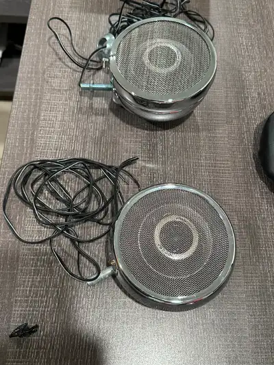 2 - Stainless Steel Speaker sets, each with 2 speakers, amplifier, wiring and connectors, chrome vol...