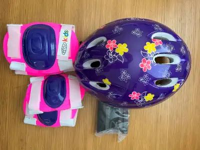Multi sport helmet with matching elbow and knee pads. Age 5-8.