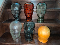 6 MANNEQUIN HEADS - 1 WOOD / 4 GLASS / 1 SKULL IN GLASS