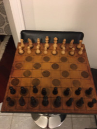Antique Noah’s art hand made leather top chess set. 15.5”x15.5”.