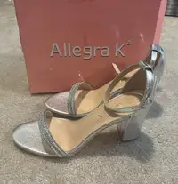 Allegra K Women's silver Rhinestone Ankle Strap Block Heels Sand