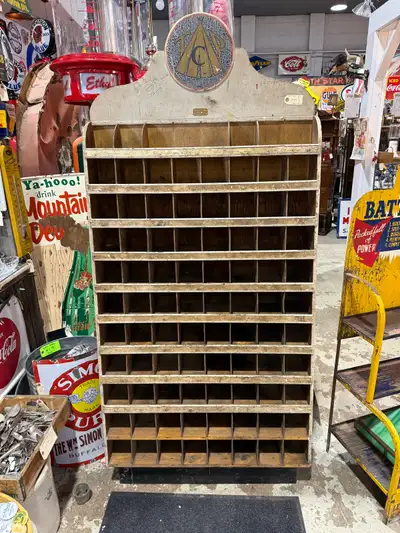 Early wooden TCP parts cabinet bolt bin, View more