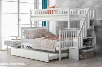 STRONG WOODEN STORAGE BUNK BED DOUBLE OVER DOUBLE WITH TRUNDLE., View more