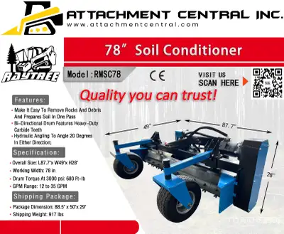 Raytree 78" Power Rake Soil Conditioner Skid Steer Attachment, View more