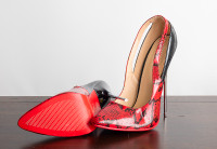 Red and black snake pattern high heels