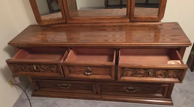 Queen Size Wood Bed Frame, Dresser With 3 Way Mirror. in Beds & Mattresses in Kelowna - Image 8