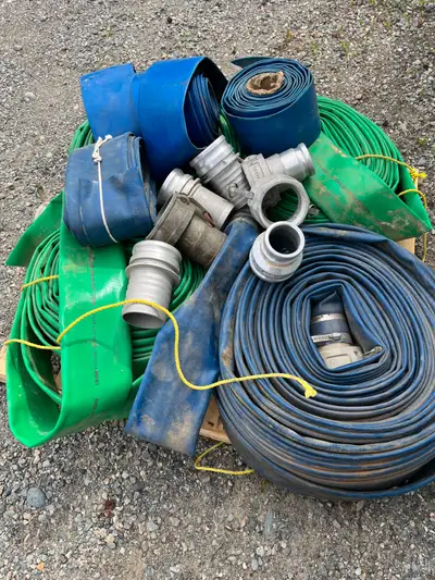 1 pallet of 4 inch layflat hose and camlock fittings 1 pallet of 3 inch layflat hose and camlock fit...
