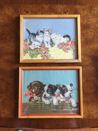 Vintage  kitten and puppy lithographs 