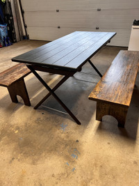 Table with 2 handmade wooden benches 
