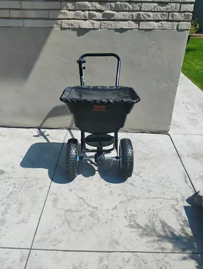 Vevor walk behind spreader, 13 inches tires, adjustable flow control, 130 lbs capacity, spreads, see...
