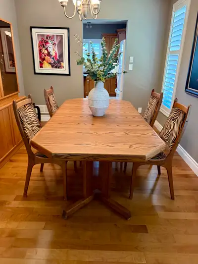 Solid Teak Dining Table, Chairs, and Hutch, View more