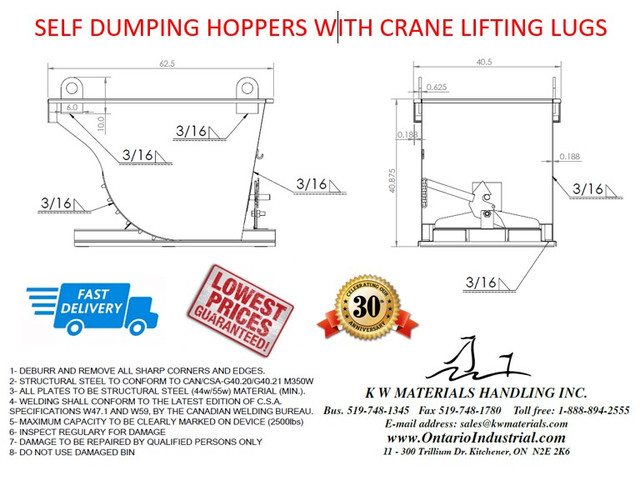 CRANE LIFT HOPPER BINS, SELF DUMPING HOPPER WITH LIFTING HOOKS. in Other in City of Toronto - Image 2