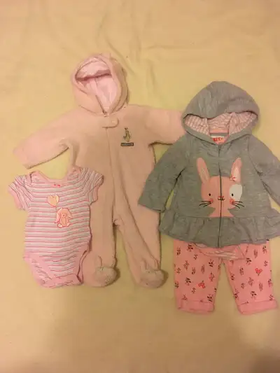 Original Peter Rabbit 3-6 months $15 Monkey Bars 3 piece outfit $7 Short sleeve onesie 3-6 months $1...