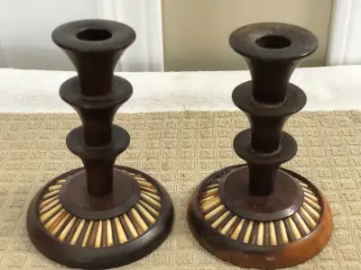 Vtg Pair of Ethiopian Olive Wood with Porcupine Quills Candle Ho, View more