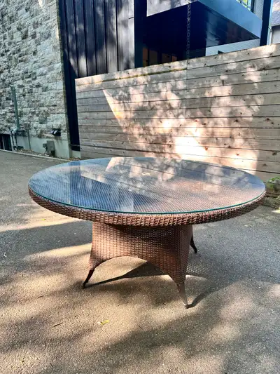 Round Outdoor Wicker Patio Dining Table with Glass Top & Cover, View more