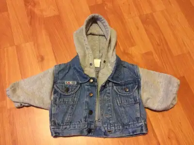 Jean Jacket with built-in hoodie, size 12 months, View more