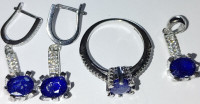 925 Silver Cubic Zirconia, Sapphires, Earrings, Pendant, Ring