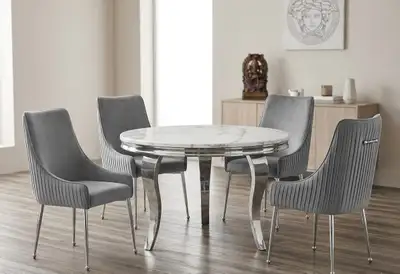 Elegant Round Marble Dining with Chrome Base and Grey Chairs, View more