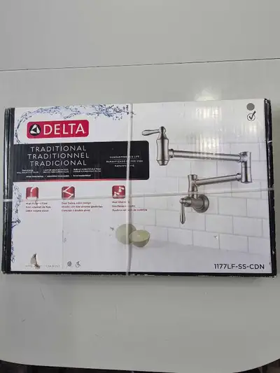 New Delta Pot Filler Faucet in stainless steel, model number 1177LF-SS-CDN. This wall-mounted faucet...