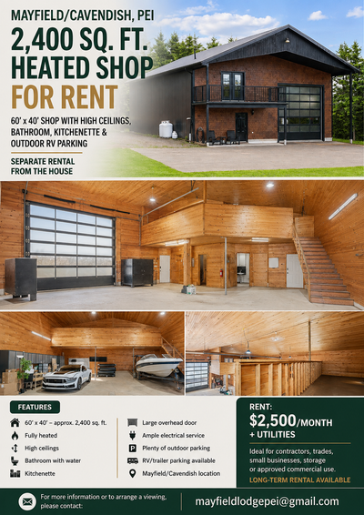 Excellent opportunity to lease a spacious, heated 2,400 sq. ft. shop in the Mayfield/Cavendish area....
