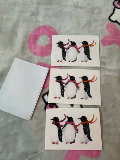 3 penguins w scarves holiday Christmas cards and white envelopes, View more