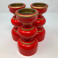 Set of 3 Vintage Red Painted Wood Candle Holders Brass Inserts