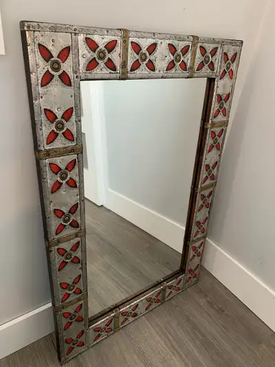 Syrian,  Mexican Style Pewter, Brass and Enamel Mirror, View more