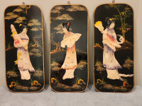 VINTAGE ASIAN CHINESE BLACK LACQUER WALL PLAQUES SET OF 3