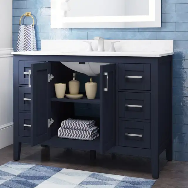 48” Navy Bathroom Vanity, Carrera Stone Top – BOXED NEW in Cabinets & Countertops in Oakville / Halton Region - Image 6