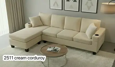 Beige Corduroy sectional sofa with cousins , View more