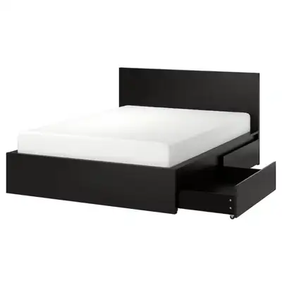 IKEA MALM High bed frame/4 storage boxes, black-brown/Luröy, King. Original price $659+ tax. Please. 