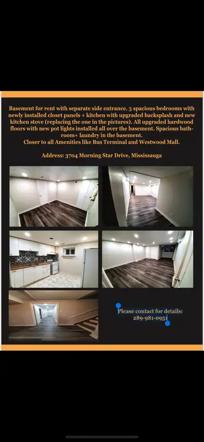 Basement Apartment for Rent – Bright, Spacious & Newly Upgraded Kitchen! [Malton] | 3 Bedrooms | 1 B...