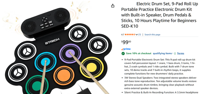 Roll-Up Electric Drum Set - 9-Pad Portable Kit w/ Speaker, Pedal in Drums & Percussion in Oshawa / Durham Region - Image 7