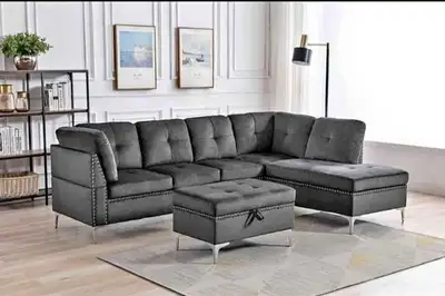 Velvet Sectional with Ottoman (Brand New), View more