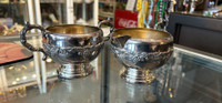 Silver Plate on Copper Embossed Ornate Creamer & Sugar Bowl Set 